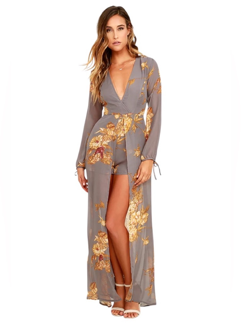 Lulus Fine and Dandelion Grey Floral Print Romper Extra Small